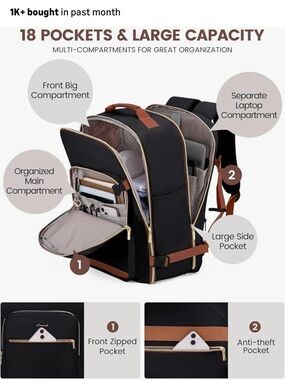 Black Backpack with Brown Accents - Multi-Compartment Travel & Laptop Bag